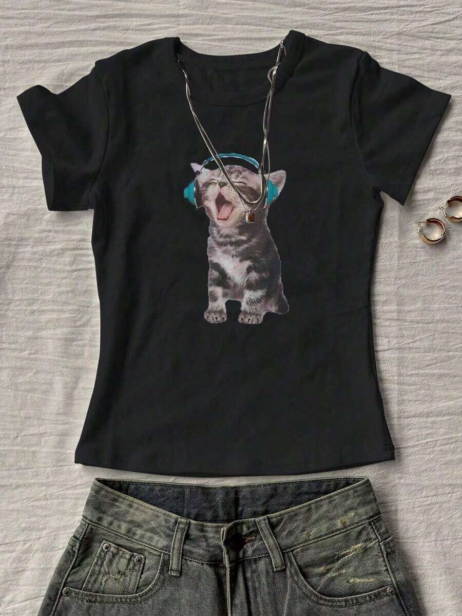 Women's Short-Sleeved T-Shirt With Round Neck And Cat Print - 黑色 - 查看 1