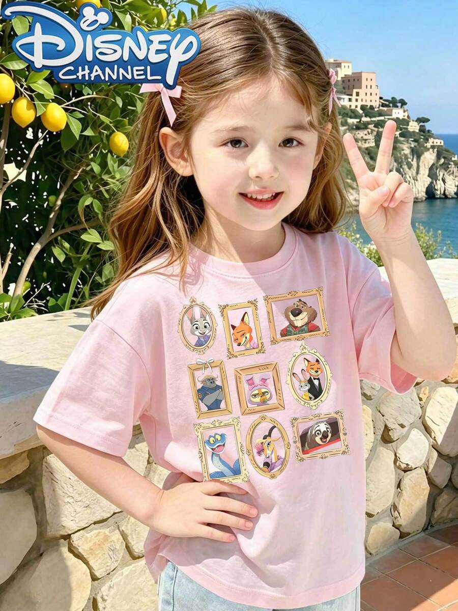 The Disney Zootopia Nick And Judy With Friends Print On This Cute, Fresh, And Fashionable Disney Girls' Round Neck T-Shirt Is An Ideal Choice For Daily Wear, Holiday Leisure, Outdoor Exploration, School Life, And Shopping Trips. Made Of 100% Pure Cotton, It's A Must-Have Item For Summer And Also Makes A Perfect Disney Gift For Both Girls And Boys. - Pink - View 1