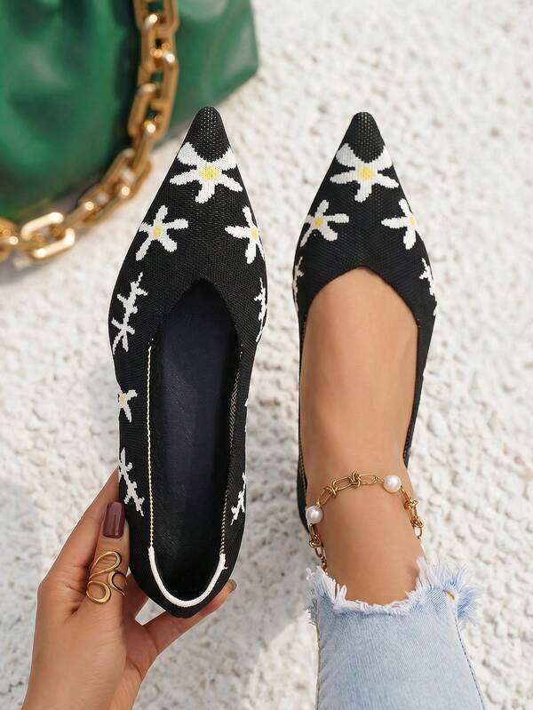 planare New Women's Fashion Elegant Knitted Daisy Fabric Slip-On Pointed Toe Flat Low Heel Black Loafers, Black Shoes, Summer Shoes, Work Shoes, Elegant Women's Shoes, Black Flat Shoes, Beach Shoes, Comfortable Women's Shoes, Vacation Shoes, Cute Shoes, Loafers, Summer Women's Shoes