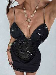 Nuevo vestido camisero romántico y sexy con cuello en pico, contraste de malla brillante y shorts, mini vestido anti-destellos - Negro 2 - Ver 6