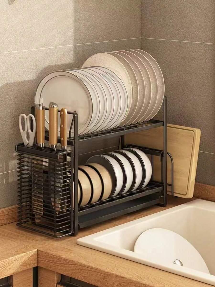 1pc Dish Drying Rack, Narrow Kitchen Bowl & Plate Storage Rack, Double-Layer Removable Dish Drainer, Compact Dish Dryer Rack, Practical Household Kitchen Tool, Kitchen Accessory, Wedding Gift - Black - View 1