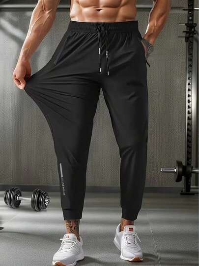 Men's Lightweight Breathable Elastic Running Pants,Summer Outfits, Sweat Pants,Pantalones De Hombre,Men Jogging Pants,With Zipper Pockets And Drawstring Waist, Soft And Comfortable Icy Silk Fabric, Solid Color Sports Trousers, Suitable For Casual, Outdoor, Workout,Black Summer