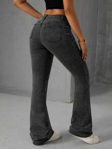 Women's Casual Pocketed Mid-Waist Skinny Flare Jeans - Gris - Ver 2