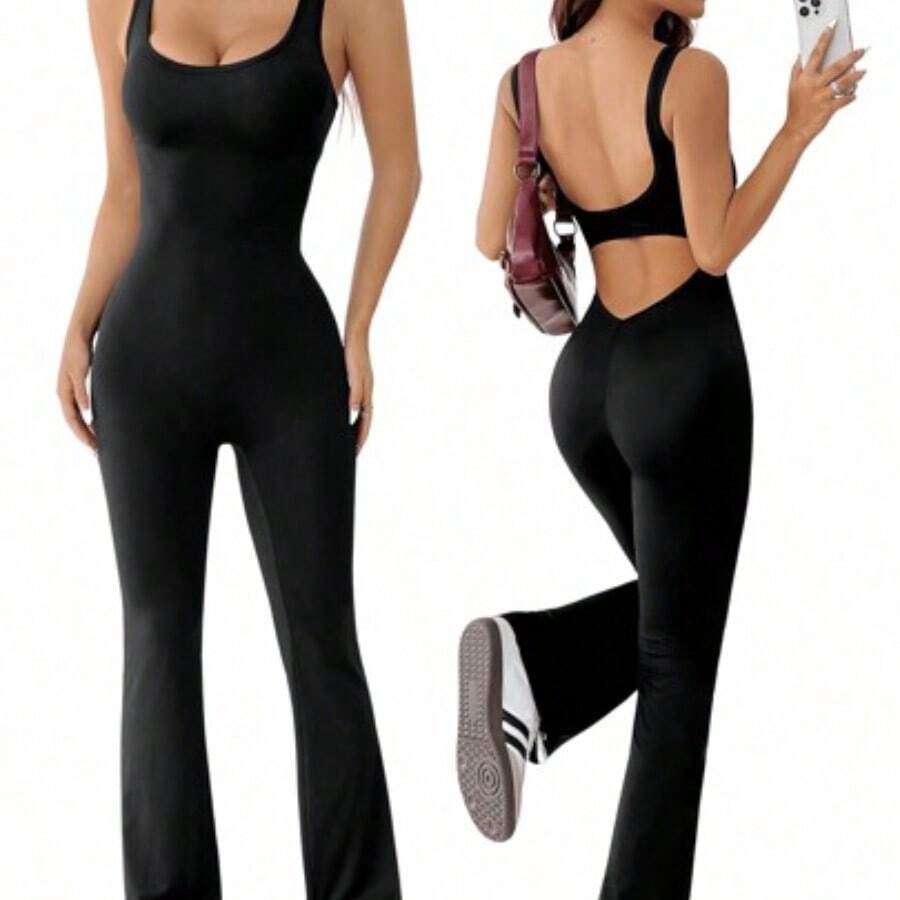 PETITE Summer Solid Color Hollow Out Flare Skinny Jumpsuit - Negro - Ver 1