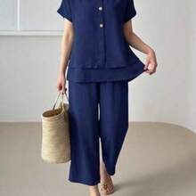2 piezas Conjunto informal de verano para mujer de unicolor, cuello redondo, manga corta, holgado - Azul - Ver 1