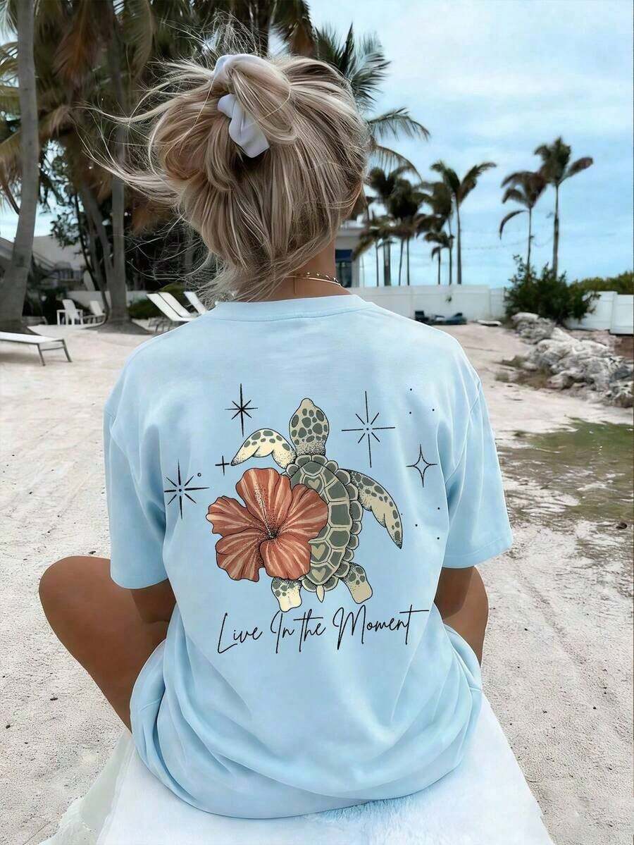 Women's Summer T-Shirt, Turtle, Floral And Letter Print, Round Neck, Casual, Loose Fit, For Beach Vacation, White Blouses For Women Clothing - 淺藍色 - 查看 1