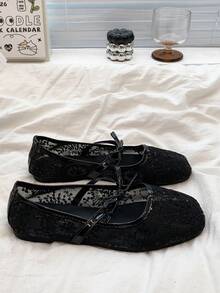 Zapatos de ballet tipo Mary Jane delicados para mujeres, nuevos zapatos de malla calada bordados con encaje para primavera/verano - Negro - Ver 4
