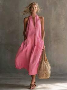KZKZWK Women's Halter Neck Linen Maxi Dress, Sold Out Viral Casual Dress, V-Neck Sleeveless Loose Fit Dress With Pockets, High Demand Limited Stock, Beach Co - 粉紅色 - 查看 7