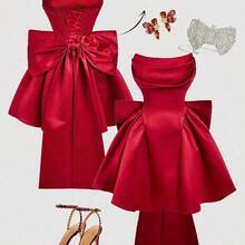 MOD Satin Fitted Bandeau Bow Decor Short Dress, Pink Corset Dress - Azul - Ver 3