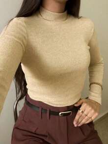 Women's Ribbed Long-Sleeve Turtleneck Blouse - Basic , Casual, Modern, Second Skin Style - - Beige - View 1