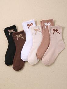6 Pairs Girls' Bow Decor Casual Socks, Suitable For Indoor, Party, Matching, Shopping, Beach, Vacation And Other Occasions, Retro Color Tone - Multicolor - View 7
