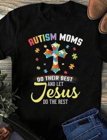 1 T-Shirt For Moms Of Autistic People, Never Walk Alone, Supporting Autism Awareness, 180g 100% Cotton - 黑色 5 - 查看 12