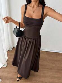 Vestido evasé de unicolor marrón café con cuello cuadrado elegante para mujer, primavera/verano - Marrón - Ver 4