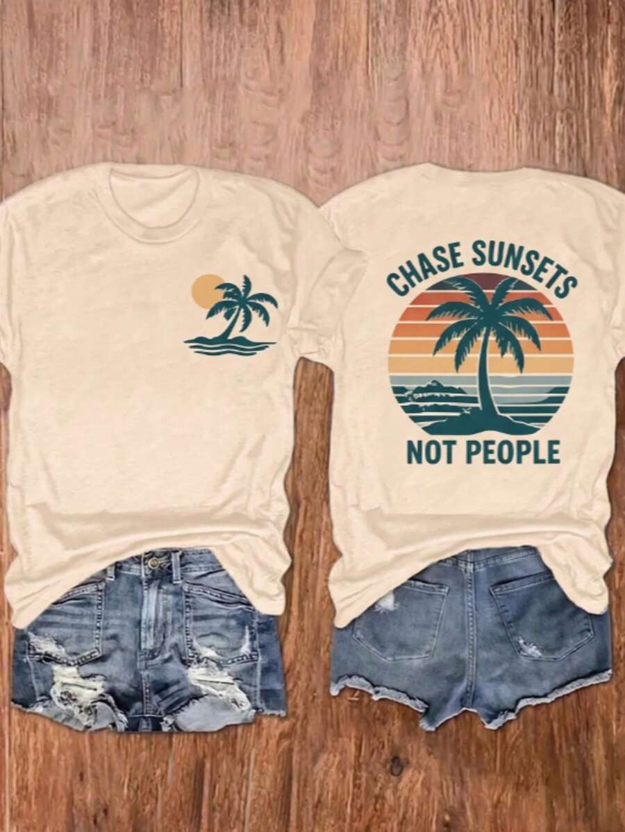 100% Cotton Unisex Round Neck Short-Sleeve T-Shirt With Palm Tree And Sunset Pattern, And The Words "FOREVER CHASING Sunsets" On The Back. Summer Wome - 杏色 - 查看 1