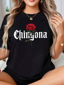 1 pieza de camiseta con estampado de rosas ChirYona para mujer, ropa casual para atuendos diarios y ocasiones especiales. Es una camiseta perfecta para regalar a amigos y familiares en cualquier día festivo o ocasión especial, 180g 100% algodón. - Negro - Ver 1