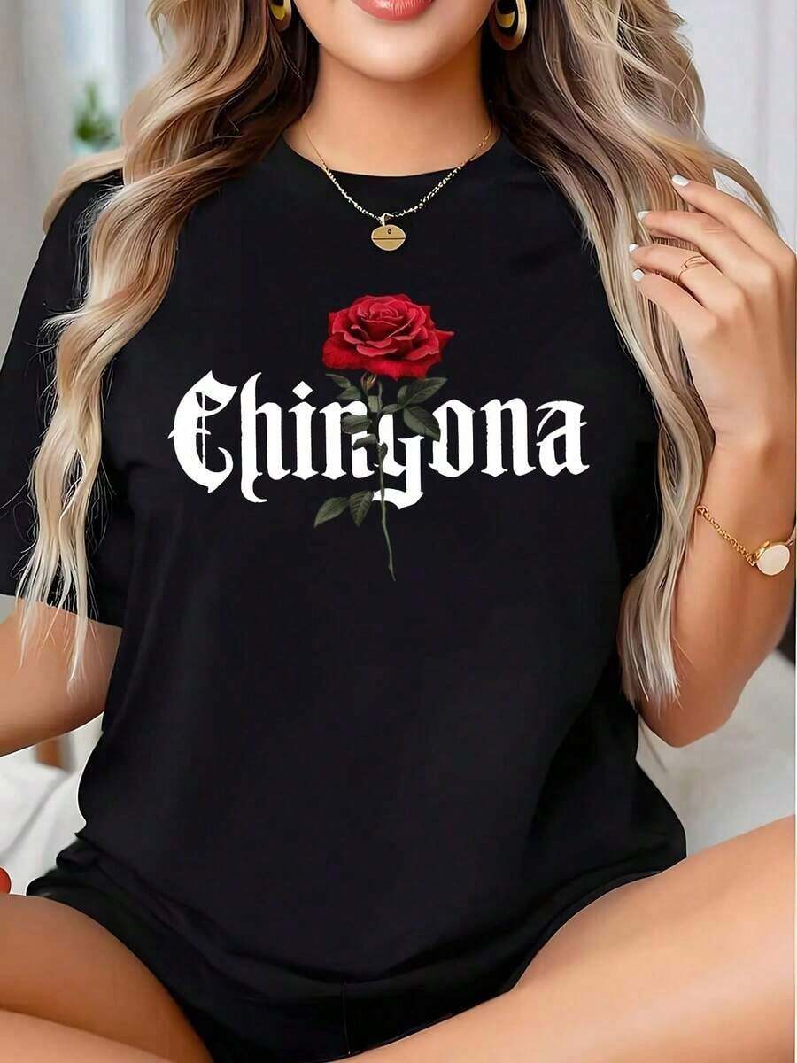 1 pieza de camiseta con estampado de rosas ChirYona para mujer, ropa casual para atuendos diarios y ocasiones especiales. Es una camiseta perfecta para regalar a amigos y familiares en cualquier día festivo o ocasión especial, 180g 100% algodón. - Negro - Ver 1