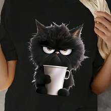 Camiseta para Mujer con Gato Negro de Pelaje Largo Sosteniendo Taza de Café Estilo Divertido y Gráfico Impreso en Negro - Blanco - Ver 7