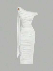 Vestido elegante de largo medio con cuello asimétrico, volantes y parches en color liso con efecto tie-dye para mujeres - Blanco - Ver 1