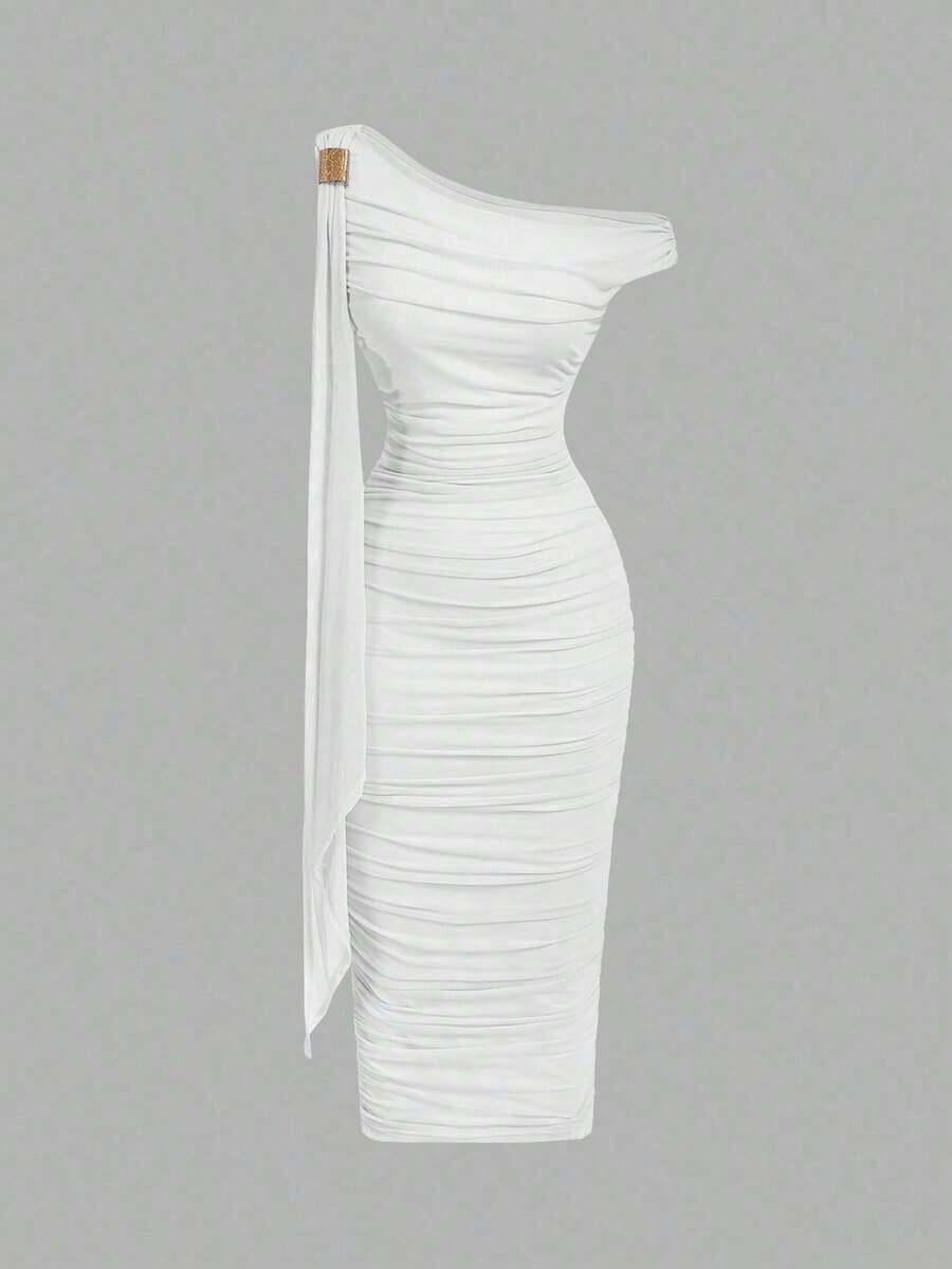 Vestido elegante de largo medio con cuello asimétrico, volantes y parches en color liso con efecto tie-dye para mujeres - Blanco - Ver 1