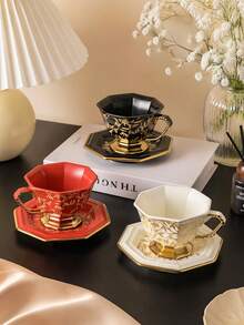 DearDali 1 Set 220ml Vintage Gilded Ceramic Cup & Saucer, European Palace Style Luxury Octagonal Design Gold-Rimmed Mug, Home Decor, Couple/Best Friend Gift, Coffee/Tea Cup - Multicolor - View 3