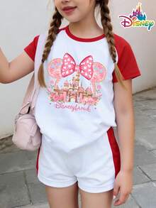Two-Piece Set [Disney Children's Clothing] Minnie Bow And Disneyland Castle Dreamy Set For Girls: Red And White Color Block Short-Sleeve T-Shirt + Shorts, Sweet Princess Style/Park Souvenir - 白拼紅 - 查看 1