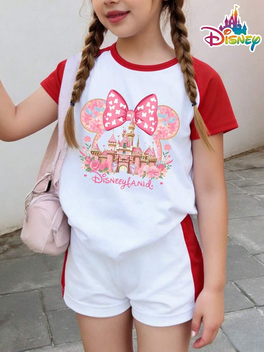 Two-Piece Set [Disney Children's Clothing] Minnie Bow And Disneyland Castle Dreamy Set For Girls: Red And White Color Block Short-Sleeve T-Shirt + Shorts, Sweet Princess Style/Park Souvenir - 白拼紅 - 查看 1
