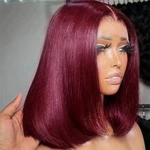 200%密度 12英吋免膠巴西直髮短波波頭前蕾絲假髮，波爾多紅原髮混紡，預拔髮際線耳到耳自由分線 13x4 99J 波爾多紅 13*4 透明耐熱纖維合成假髮，女款 - SBUG - 查看 20
