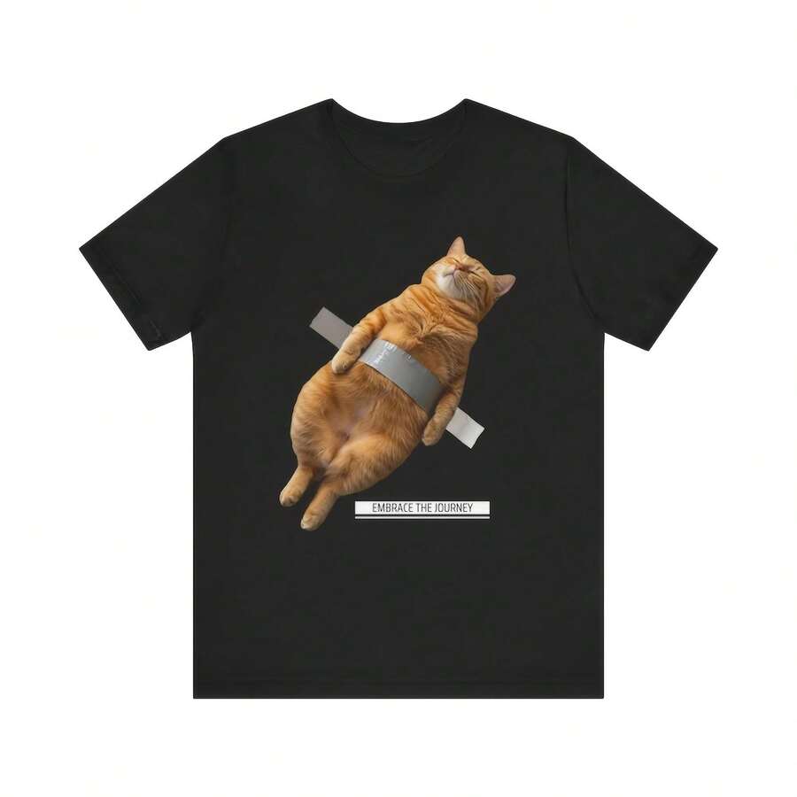 Duct Tape Orange Cat - Uni T-Shirt - Cat Lover - Cat Gift - Modern Art220g Heavyweight 100% Cotton T-Shirt. Butterfly Print. Unisex Sizing. Round Neck Inspirational T-Shirt. Cute And Beautiful Y2K-Inspired Summer Top, Perfect For The Outdoors, Home, Work, Or Street Wear. Casual, Loose-Fitting Everyday T-Shirt. - 黑色 - 查看 1