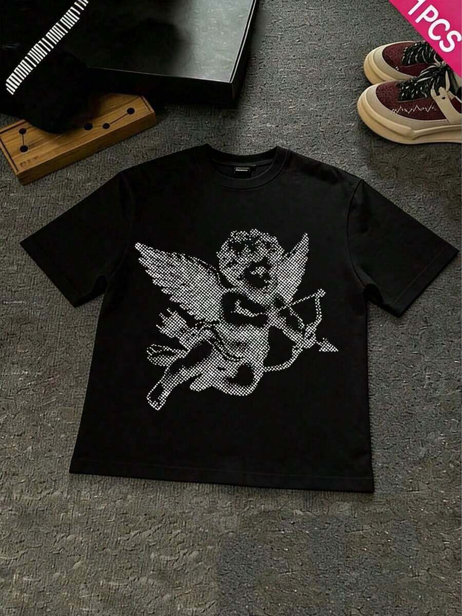 1 pieza de ropa de algodón para niñas adolescentes, camiseta con estampado de letras inspirada en Y2K - Cuello redondo casual, manga corta, lavable a máquina - Perfecta para primavera/verano/otoño, moda, ropa urbana, unisex, hombres, mujeres. 210g 100% algodón, todos los diseños están impresos. Unisexo. - Negro - Ver 1