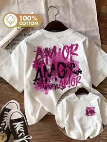 Spring/Summer Fashion [Double-Sided Print] Women's Pure Cotton T-Shirt, Graffiti Style, Ink Splatter Letters, Pink Love Splatter, Valentine's Day Gift, Plus Sizes Available, Cute Top, Retro Y2K Style, Loose Fit. Soft And Gentle On The Skin. - 白色 - 查看 6