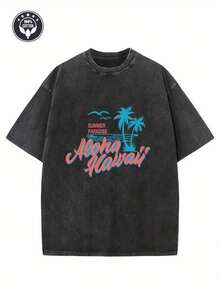 Camiseta Gráfica Vintage 'Aloha Hawaii' para Hombre - Corte Holgado y Relajado, 100% Algodón, Manga Corta, Estilo Casual Urbano con un Diseño de Palmera Brillante, Ideal para el Verano y Uso Diario - Negro - Ver 1