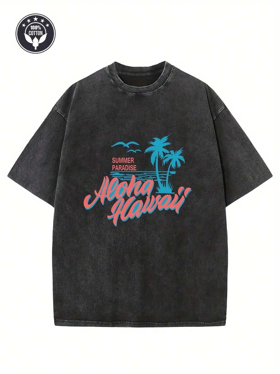 Camiseta Gráfica Vintage 'Aloha Hawaii' para Hombre - Corte Holgado y Relajado, 100% Algodón, Manga Corta, Estilo Casual Urbano con un Diseño de Palmera Brillante, Ideal para el Verano y Uso Diario - Negro - Ver 1