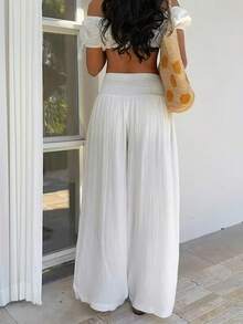 Women's Elegant Lightweight Solid Color Pleated Elastic Waist Casual Pants, Comfortable Loose Fit Suitable For All Seasons White - White - View 3