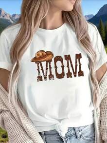Camiseta de Manga Corta de algodón con Diseño de Mamá Vaquera, Ropa Casual para el Hogar o Restaurante, Ligera y Duradera, Ideal para Outfits Diarios, con Gráfico de Sombrero Marrón y Estampado de Texto en Negrita - Blanco - Ver 2