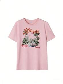 Short-Sleeve T-Shirt With Retro Cityscape And "Carolina" Slogan.  Short-Sleeve T-Shirt For Spring And Summer 2026, Made In Mexico, 180 Grams. Cartoon Print, Couple Design, Suitable For Indoor Or Outdoor Wear. Crew Neck, Unisex, Ideal For Office And Leisure. One-Pack. - PK-P631577SLNDXZGY387 - 查看 2