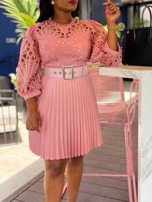 New 2026 Women's Solid Color Lace Crochet Hollow Out Ruched Dress - Pink - View 1
