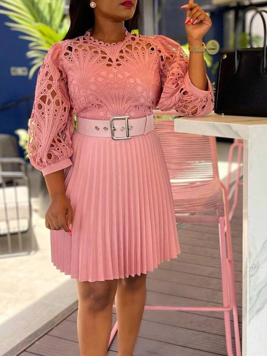 New 2026 Women's Solid Color Lace Crochet Hollow Out Ruched Dress - Pink - View 1