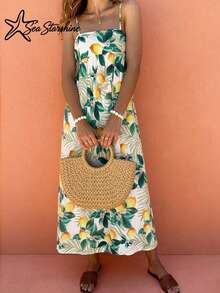 Women's Casual Elegant Vacation Style Lemon Leaf All-Over Print Spaghetti Strap Dress, Spring/Summer - Multicolor - View 4