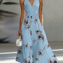 AB Patchwork V-Neck Sleeveless Waist Cinched Elegant Midi Dress, Suitable For Work & Vacation - Verde Oscuro - Ver 6