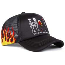 1 Stück Herren Baseballkappe mit Totenkopf Muster, Trucker Hut mit Flammen Stickerei, Outdoor Sonnenschutz Casual Mesh Kappe für Frühling Herbst Reise Strand - Verschiedenfarbig - Übersicht 12