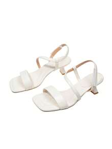 Women's Silver Square Toe Thin Strap Low Heel Sandals, Elegant Open Toe Summer Party & Date Shoes - White - View 2