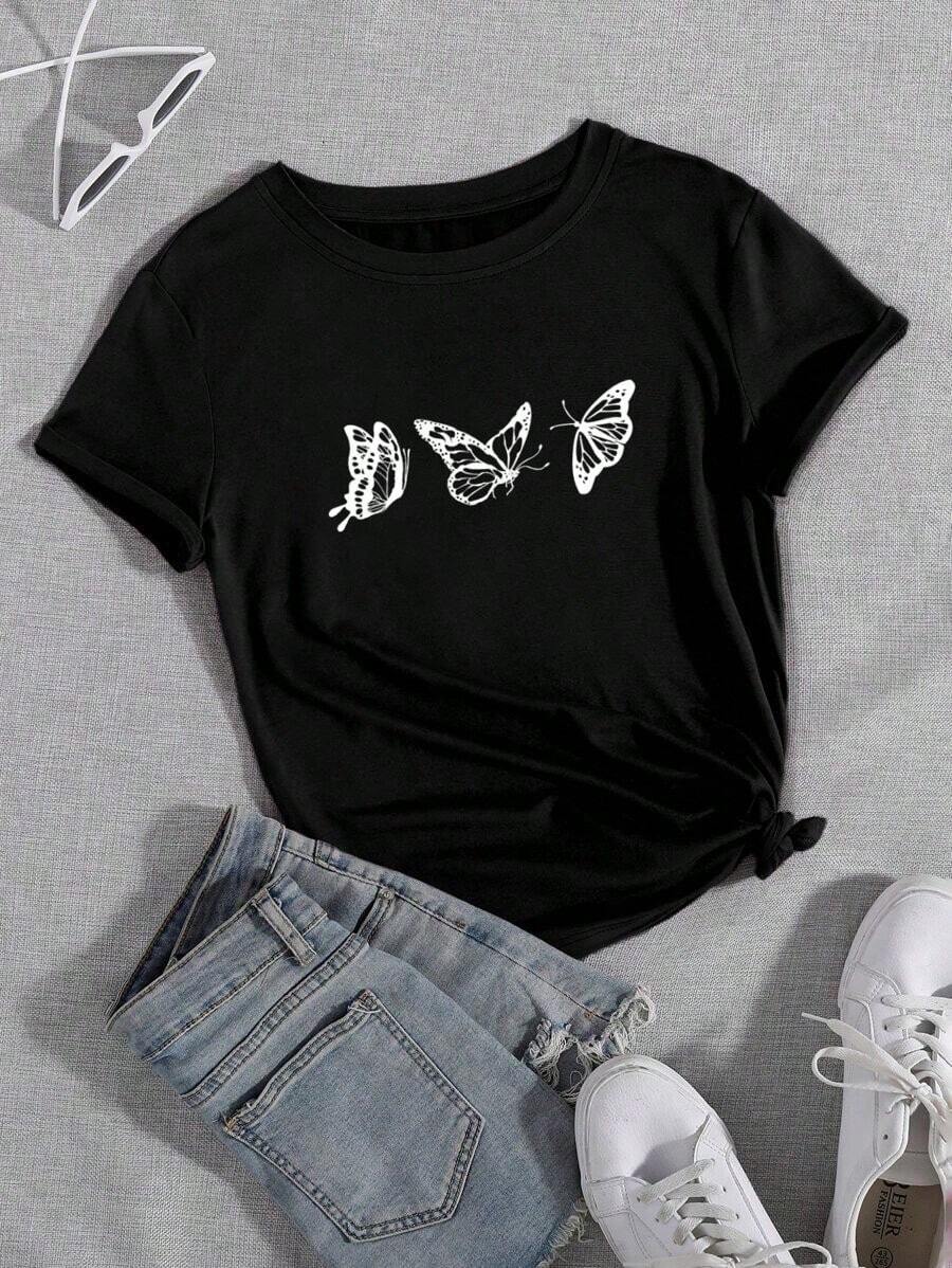 LUNE Camiseta de cuello redondo con estampado de mariposa - Negro - Ver 1