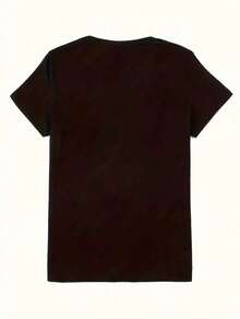 Camiseta de cuello redondo con estampado de letras de Brooklyn en tela poliester top casual de manga corta con hombros caídos, ropa de mujer - Negro - Ver 2