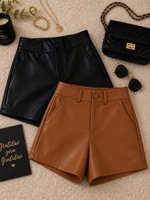 Set Of 2 Women's High-Waisted Faux Leather Shorts – Stylish And Elegant, Black/Caramel - Đen và Caramel - Xem 6
