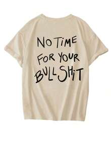 Camiseta de manga corta de cuello redondo casual de verano con estampado de frase inspiradora en inglés, versátil y de moda para mujer en color blanco - Beis - Ver 3