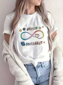 1 Piece Women's Casual Short Sleeve Crew Neck T-Shirt - Neurodivergent Graphic Print With Rainbow Infinity Symbol And Stars, Comfortable Micro Stretch Fit, Spring/Summer Essential, Machine Washable, Playful Printed T-Shirt | Soft Fabric T-Shirt, Ladies T-Shirts 180g 100% Soft Cotton 100% Cotton Blouses Pretty - 白色的 - 查看 7