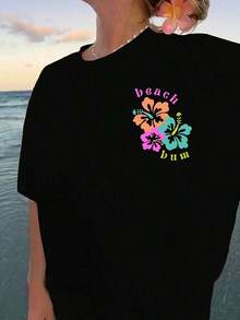 Camisetas Casuales Unisex Premium Bonitas [Camiseta con Estampado Floral Estilo Playa] Camiseta de Hombros Caídos con Estampado Floral para Mujer Talla Grande | Camiseta casual de manga corta con cuello redondo y diseño "Beach Bum" - Tela pura, cómoda y transpirable para primavera y verano, camiseta de corte holgado, textura suave, estilo urbano, unisex, para primavera/verano/otoño, atuendo para el Día de San Valentín, atuendos de verano, Día de la Madre, camisas, camisas para mujer, playeras, playeras de mujer, vintage, atuendo de Pascua para mujer, tops de talla grande para el Día de la Madre en fiestas. - Negro - Ver 2