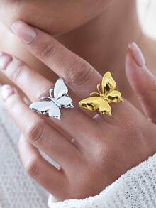 Uself 2pcs/1pc 18K Gold Plated 3D Butterfly Stainless Steel Ring Set, Polished Dual-Tone Open Ring, Creative Design For Women Jewelry Lovers, Western Jewelry, Holiday Gift, Brand For Female - Multicolor - View 4