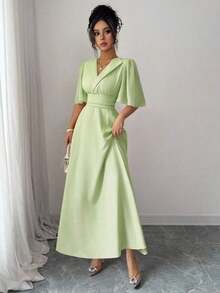 YHHElenzga Nuevo vestido casual, elegante y de vacaciones para mujer con diseño de cuello, cintura plisada, parche de gasa y mangas con volantesYHH - verde menta - Ver 5