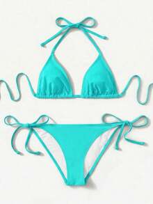 Women's Simple Solid Color Swim Bikini With A Halter Neck And Cutout, Suitable For Beach Vacations And Summer. - Mint Blue 2 - View 1
